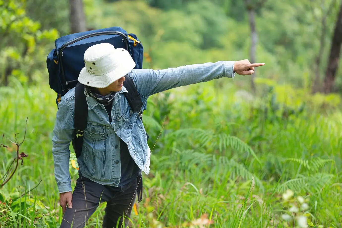 Ein fröhlicher Wanderer geht mit einem Rucksack durch den Wald.